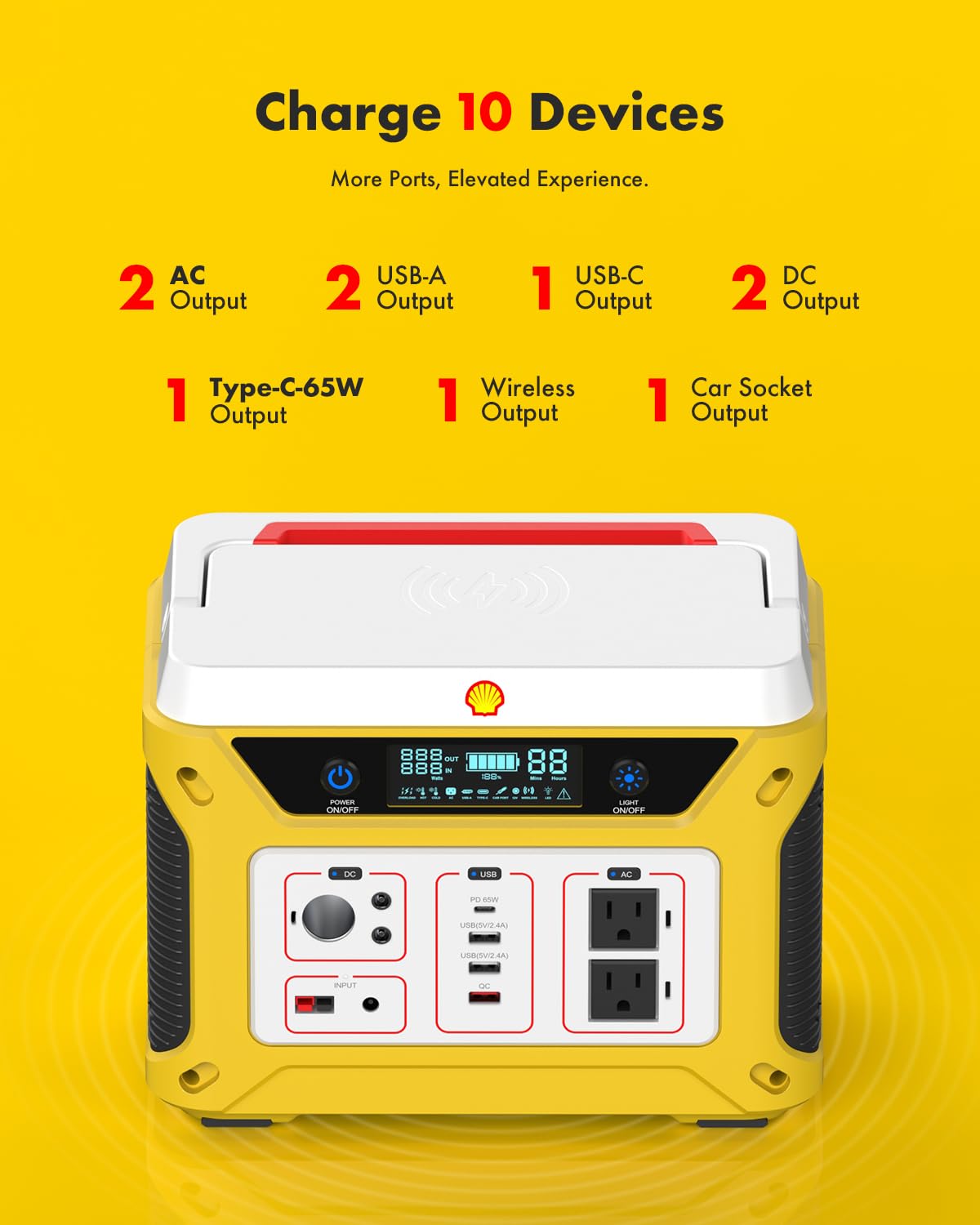 Shell 500W Portable Power Station, 583Wh Solar Generator with 10-Port,LED Light, Emergency Triangle, Portable Power Supply for Outdoor Camping/Home Use/Emergency