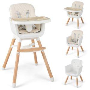baby joy baby high chair, 6 in 1 convertible wooden high chair for babies & toddlers with adjustable legs, double removable tray, safety harness & waterproof pu cushion (beige)