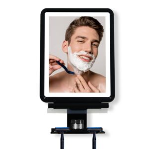 cayomi large shower mirror fogless for shaving with led light, 3 color lighting anti-fog mirror, fog free shaving mirror with a squeegee, rust-proof, bathroom shower mirror makeup mirror