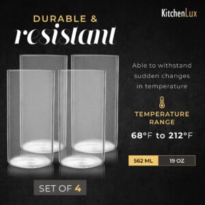 Kitchen Lux Thin Round Drinking Glasses Set of 4-19 oz Tall Water Glasses - Highball Glass Cups Set - Elegant Drinkware - Deluxe Glassware Sets for Sparkling Cocktails, Wine, Beer, Whiskey, Dinner