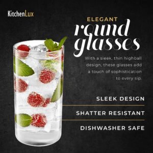 Kitchen Lux Thin Round Drinking Glasses Set of 4-19 oz Tall Water Glasses - Highball Glass Cups Set - Elegant Drinkware - Deluxe Glassware Sets for Sparkling Cocktails, Wine, Beer, Whiskey, Dinner