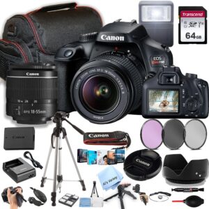 canon rebel t100 / eos 4000d dslr camera w/ef-s 18-55mm f/3.5-5.6 zoom lens + 64gb memory, filters,case, tripod, flash, and more (34pc bundle) (renewed)