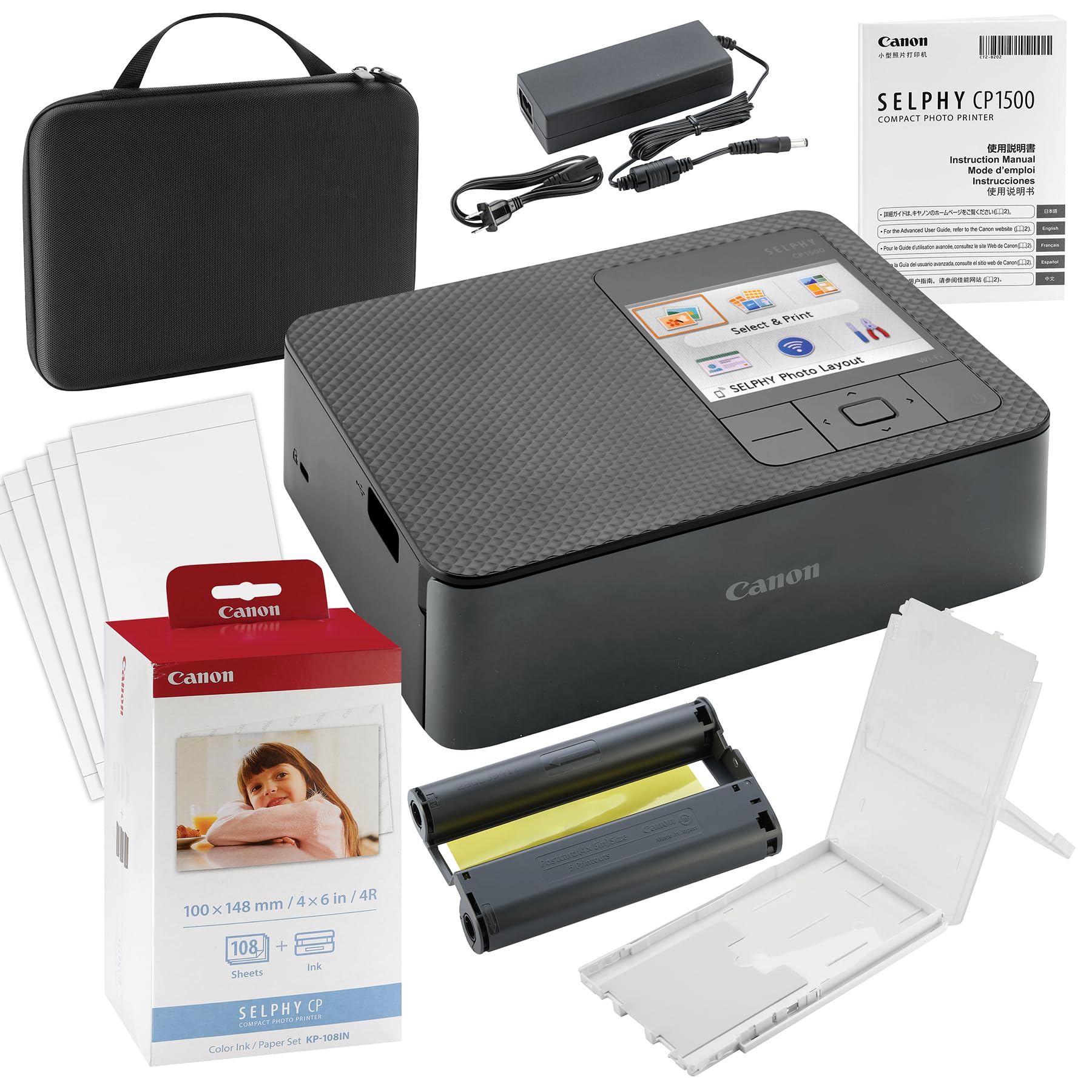 Canon SELPHY CP1500 Wireless Compact Photo Printer with AirPrint and Mopria Device Printing, Black, with Canon KP108 Paper and Black Hard case to fit All Together