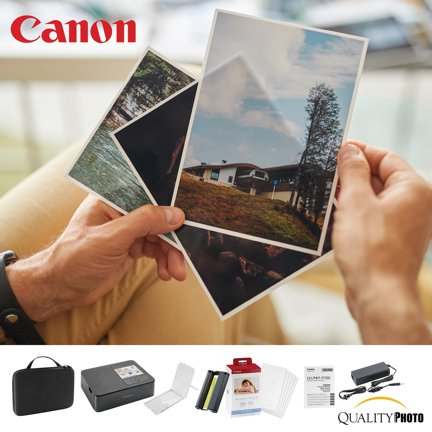 Canon SELPHY CP1500 Wireless Compact Photo Printer with AirPrint and Mopria Device Printing, Black, with Canon KP108 Paper and Black Hard case to fit All Together