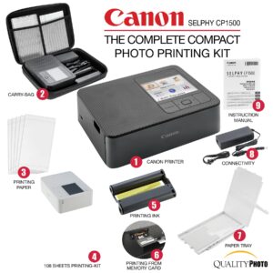 Canon SELPHY CP1500 Wireless Compact Photo Printer with AirPrint and Mopria Device Printing, Black, with Canon KP108 Paper and Black Hard case to fit All Together