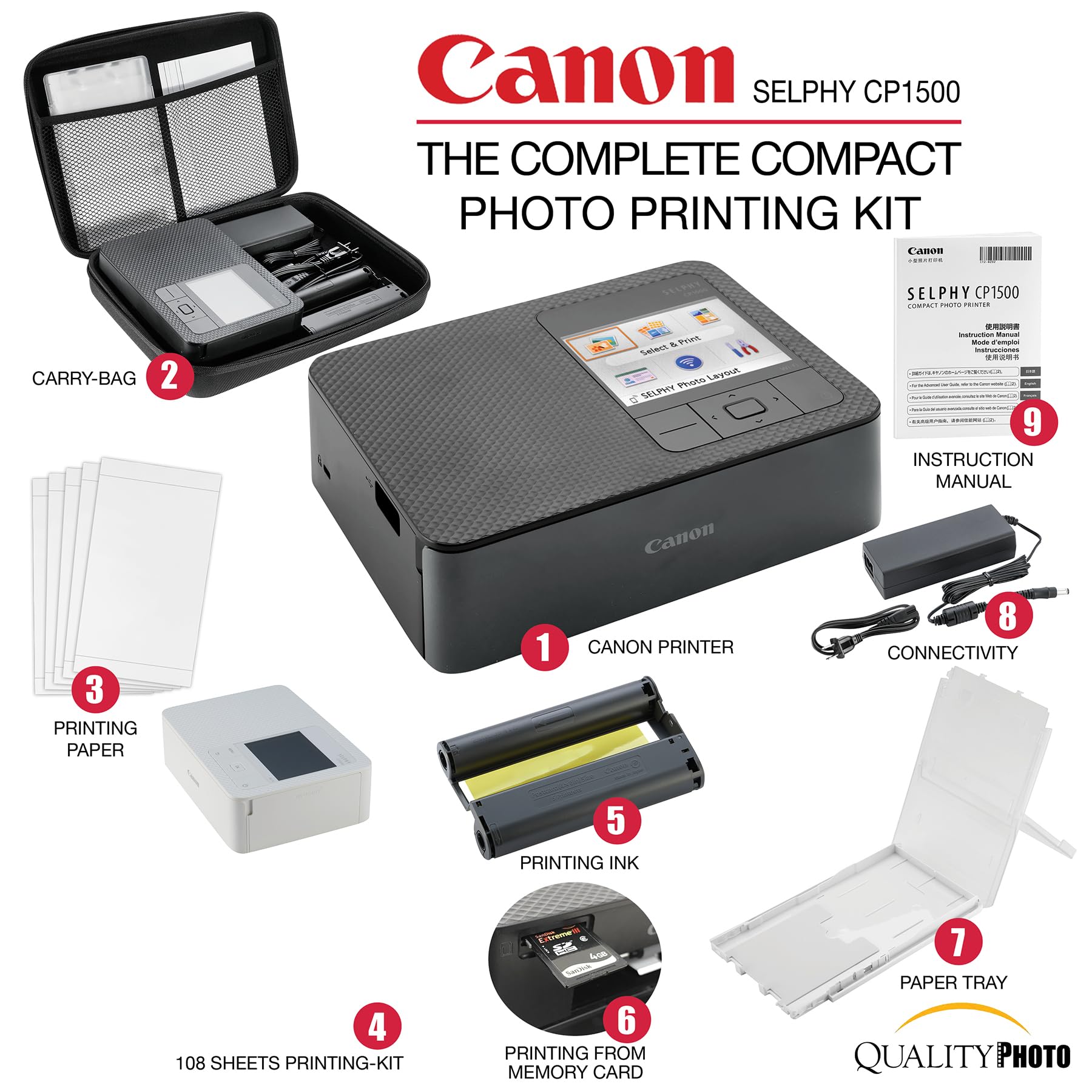 Canon SELPHY CP1500 Wireless Compact Photo Printer with AirPrint and Mopria Device Printing, Black, with Canon KP108 Paper and Black Hard case to fit All Together