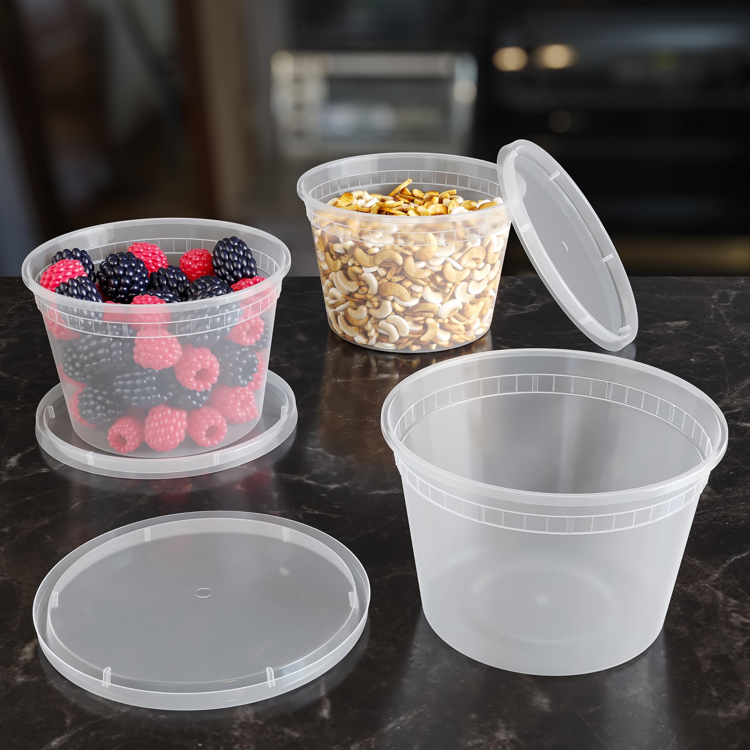 Disposable 16 oz Plastic Containers With Lids - 48 Of Each Containers And Lids - Leak Resistant Containers For Food - Deli Containers - Clear Stackable Containers - Microwave And Freezer Safe