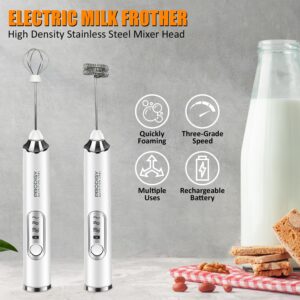 Rechargeable Milk Frother Handheld with 2 Attachments - Handheld Silver Electric Whisk Drink Foam Mixer, Mini Stirrer with 3 Adjustable Speeds for Coffee, Lattes, Shakes, and Eggs