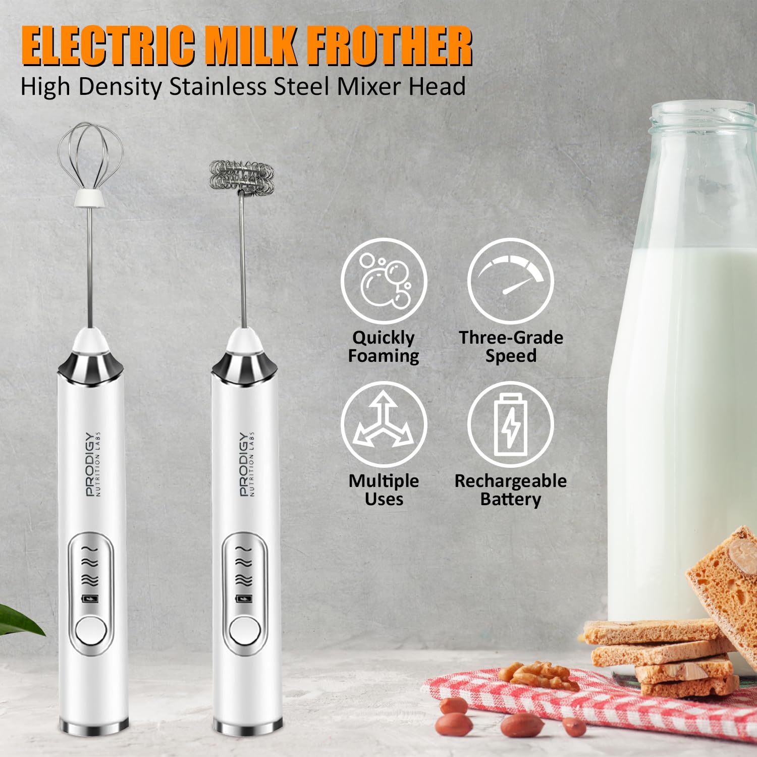 Rechargeable Milk Frother Handheld with 2 Attachments - Handheld Silver Electric Whisk Drink Foam Mixer, Mini Stirrer with 3 Adjustable Speeds for Coffee, Lattes, Shakes, and Eggs