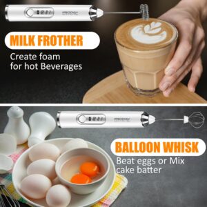 Rechargeable Milk Frother Handheld with 2 Attachments - Handheld Silver Electric Whisk Drink Foam Mixer, Mini Stirrer with 3 Adjustable Speeds for Coffee, Lattes, Shakes, and Eggs