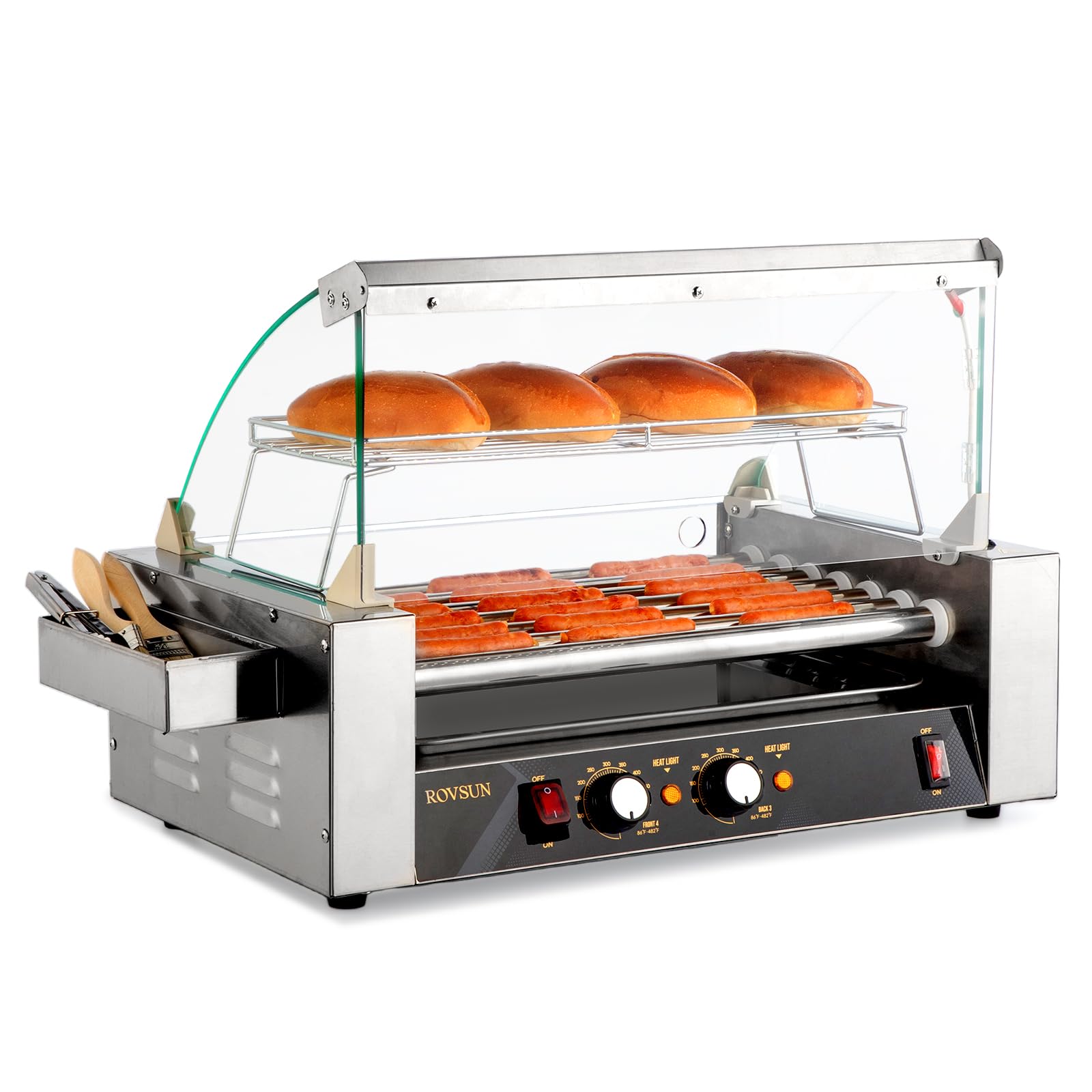 18 Hot Dog 7 Roller 1050W, Hot Dog Roller Grill Cooker Machine w/LED Lighting, Dual Temp Control, Cover, Removable Shelf & Drip Tray for Home Party Commercial