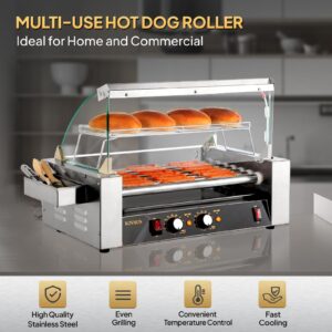 18 Hot Dog 7 Roller 1050W, Hot Dog Roller Grill Cooker Machine w/LED Lighting, Dual Temp Control, Cover, Removable Shelf & Drip Tray for Home Party Commercial