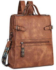 fadeon leather laptop backpack for women, designer ladies work travel computer backpack with laptop compartment purse brown