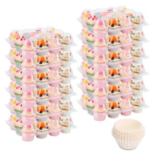 moretoes (12 pack x 25 sets) stackable cupcake containers with 300 cupcake liners, high tall dome lid cupcake carrier for 12 cupcakes, plastic cupcake boxes with detachable lid