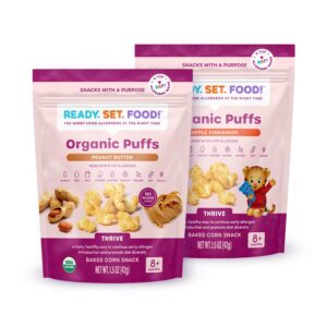 ready set food organic puffs – early allergen introduction snack puffs w/ 9 top allergens: organic peanuts, cashew, egg & more, no added sugar, babies 8+ months (ac & pb, 2-pk)