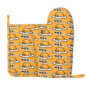 Gudetama Cute Oven Mitts and Pot Holders Set Heat Resistant Non-Slip Silicone Oven Mittens with Oven Gloves and Hot Pads Potholders for BBQ Kitchen Baking Cooking, Quilted Liner