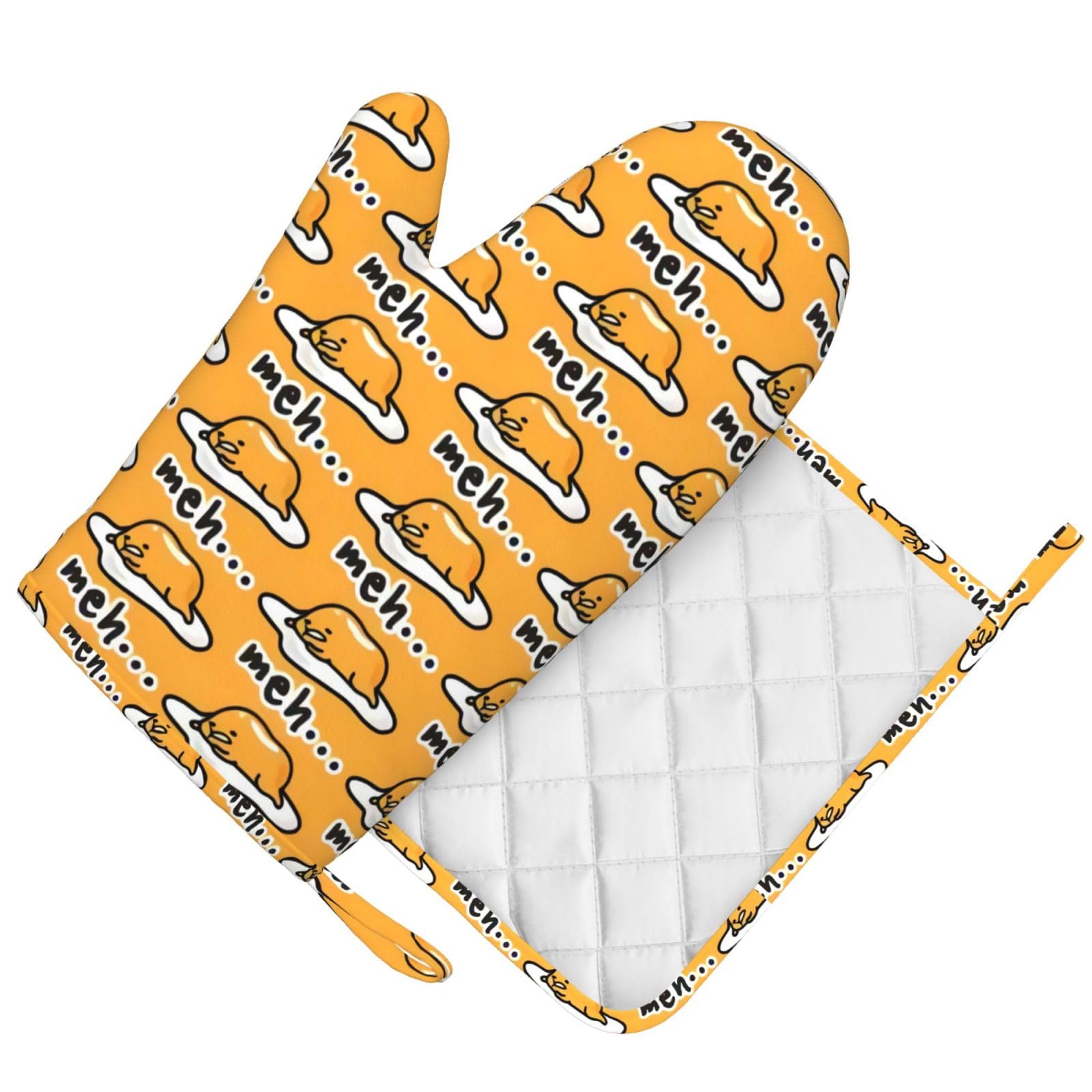 Gudetama Cute Oven Mitts and Pot Holders Set Heat Resistant Non-Slip Silicone Oven Mittens with Oven Gloves and Hot Pads Potholders for BBQ Kitchen Baking Cooking, Quilted Liner