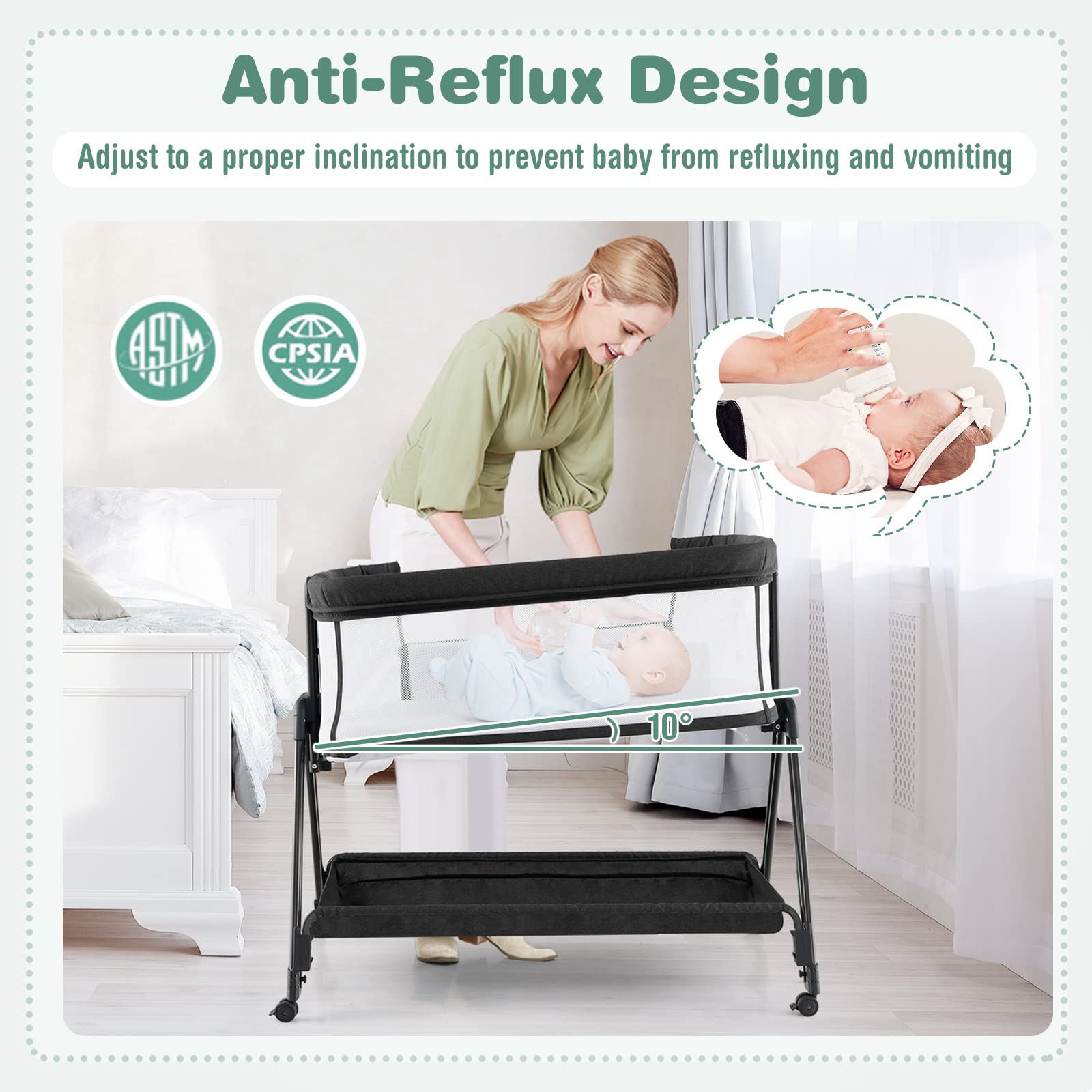 BABY JOY Bassinet Bedside Sleeper, Easy Folding Baby Crib w/All-Side Mesh, Storage Shelf, 7 Adjustable Heights, Mattress & Travel Bag for Safe Co-Sleeping, Portable Baby Bed for Newborn Infant -Gray