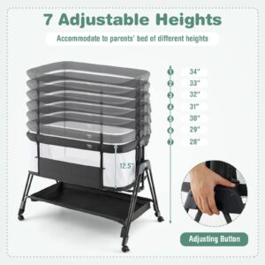 BABY JOY Bassinet Bedside Sleeper, Easy Folding Baby Crib w/All-Side Mesh, Storage Shelf, 7 Adjustable Heights, Mattress & Travel Bag for Safe Co-Sleeping, Portable Baby Bed for Newborn Infant -Gray