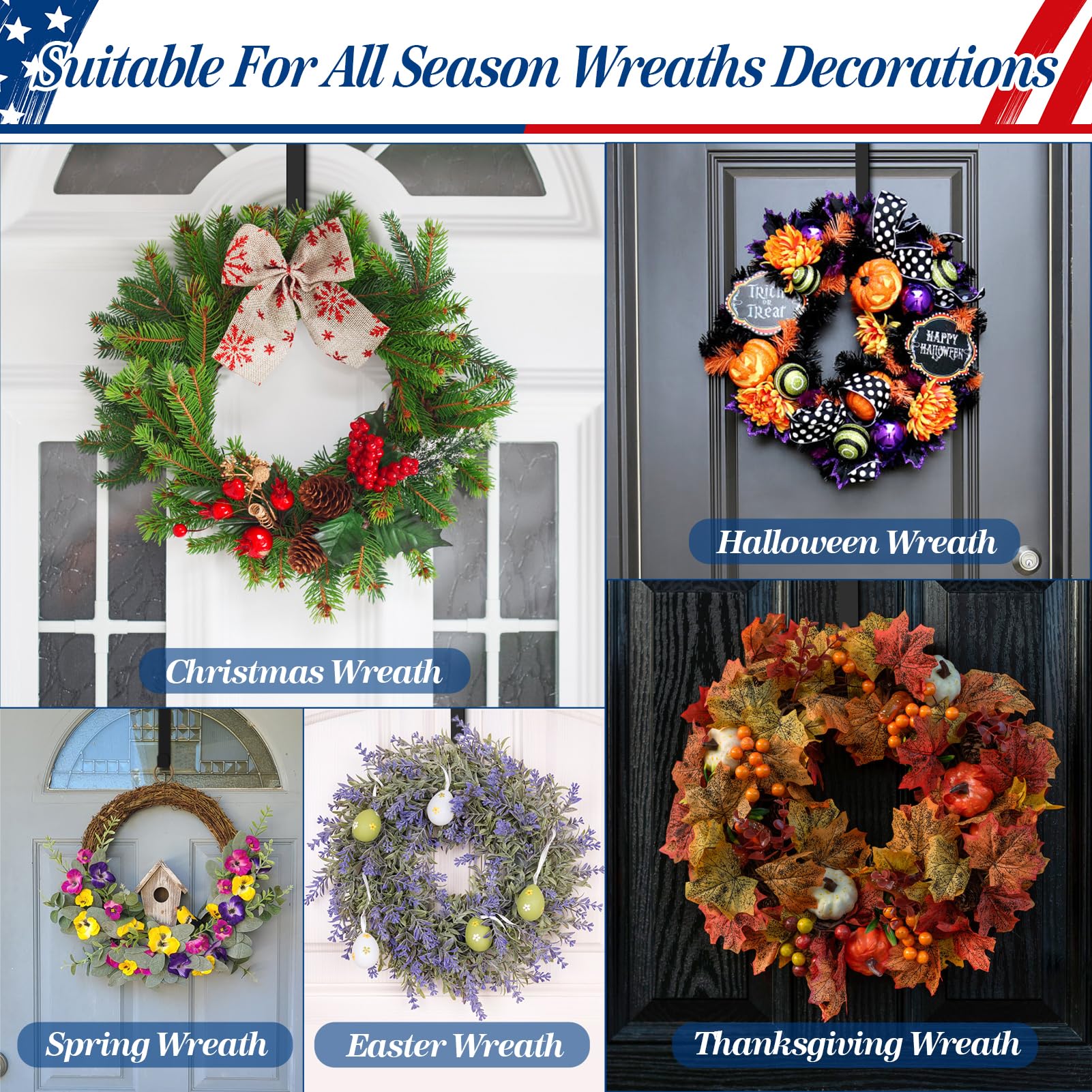 Wreath Hangers for Front Door, 14" Wreath Hanger Door Wreath Hook Over The Door Hanger, Door Wreath Garland Hanger Metal Wreath Holder for Halloween Christmas Front Door Decorations (4 Pack)