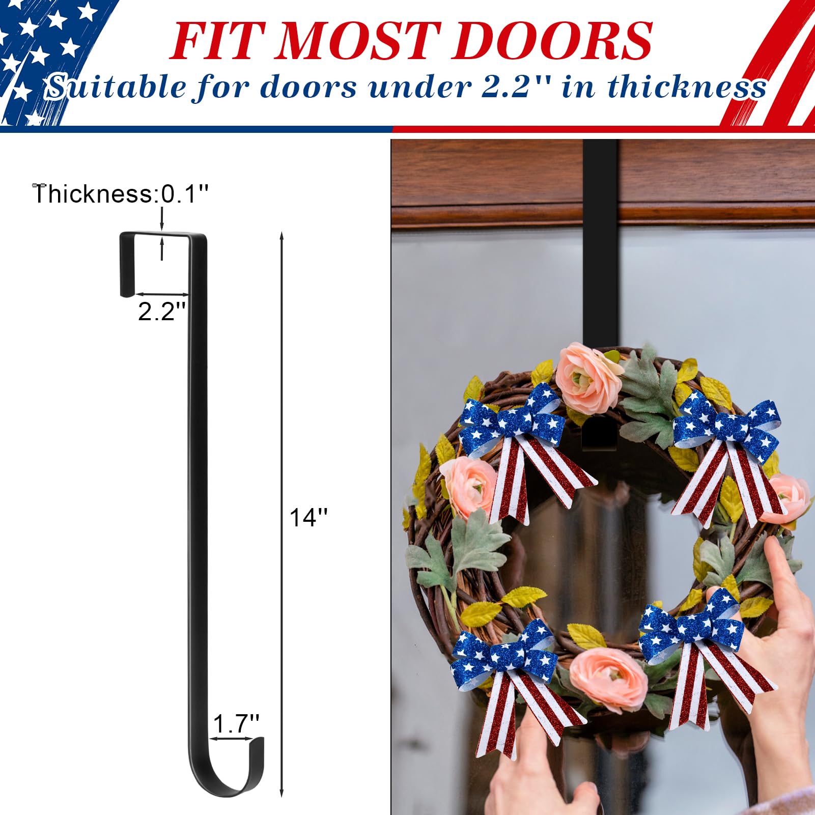 Wreath Hangers for Front Door, 14" Wreath Hanger Door Wreath Hook Over The Door Hanger, Door Wreath Garland Hanger Metal Wreath Holder for Halloween Christmas Front Door Decorations (4 Pack)