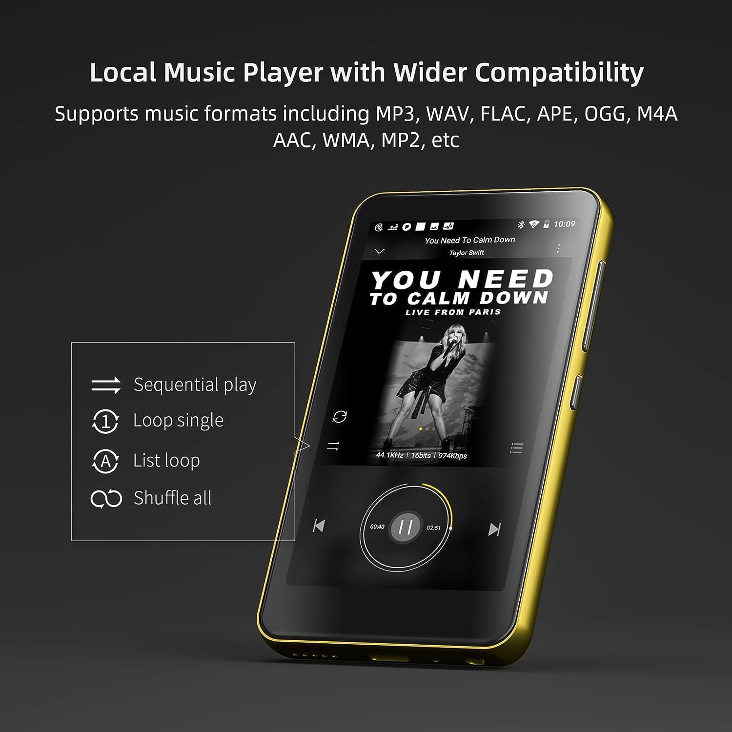 innioasis 16GB MP3 Player with Bluetooth and WiFi, Spotify, Pandora, Amazon Music, Audible, 4" Touch Screen Android Streaming MP3 MP4 Player (Gold_Black)