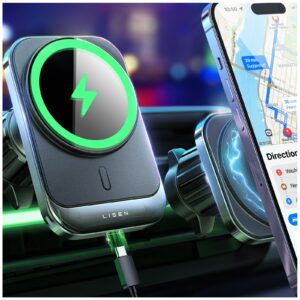 lisen for magsafe car mount charger for iphone 15, wireless universal vent charger for iphone car accessories magnetic phone holder mount, fits iphone 15 pro max plus mini 14 13 12