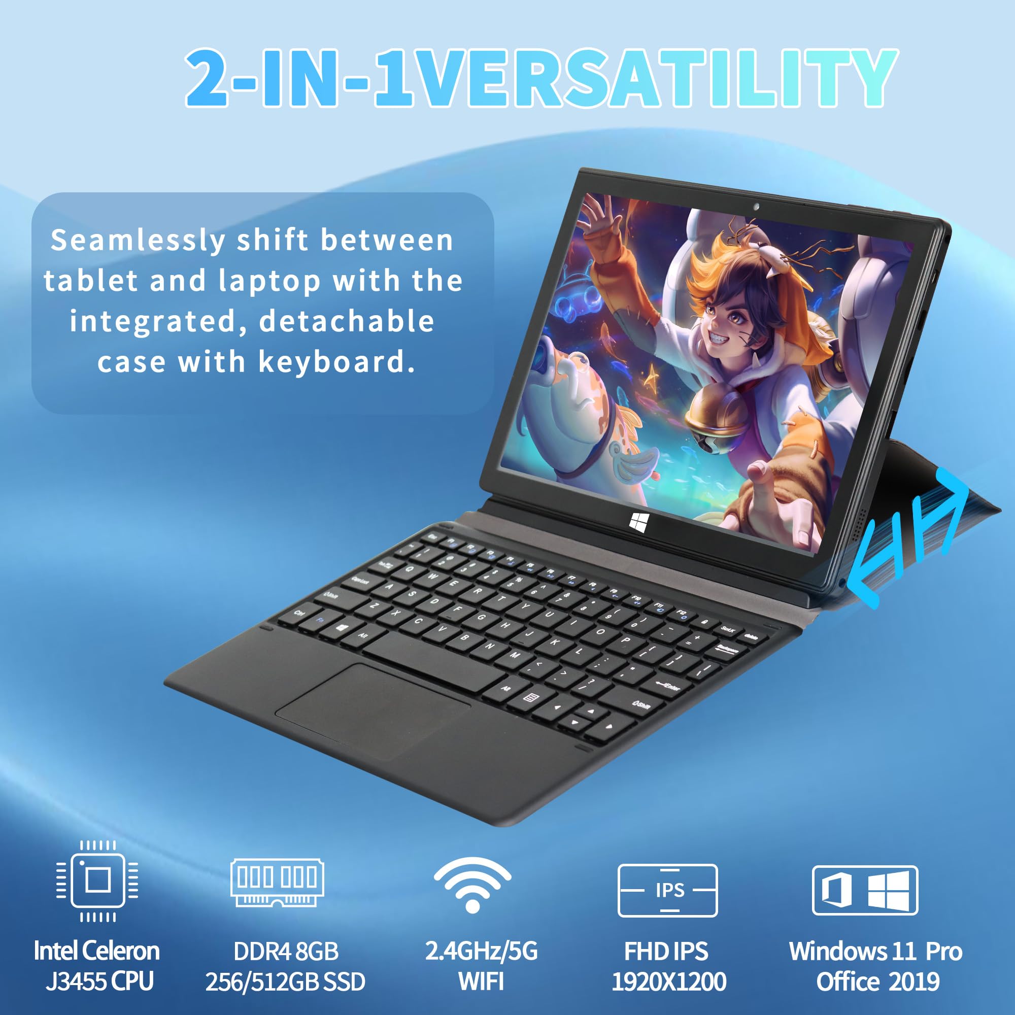 Svikou【Win11 Pro/Office 2019 Portable 10.1'' 2-in-1 Laptop, 2K(1920x1200) FHD IPS Tablet Notebook with Removable Keyboard, Celeron J3455 Quad Core CPU (1.5-2.5GHz), 2 Cameras,Black (8G+512GB SSD)