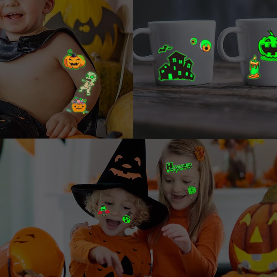 CHARLENT Luminous Halloween Temporary Tattoos for Kids Party Supplies - 120 Styles Glow in The Dark Halloween Pumpkin Skeletons Tattoos for Boys Girls Halloween Party Favors Treats Goodie Bag Fillers