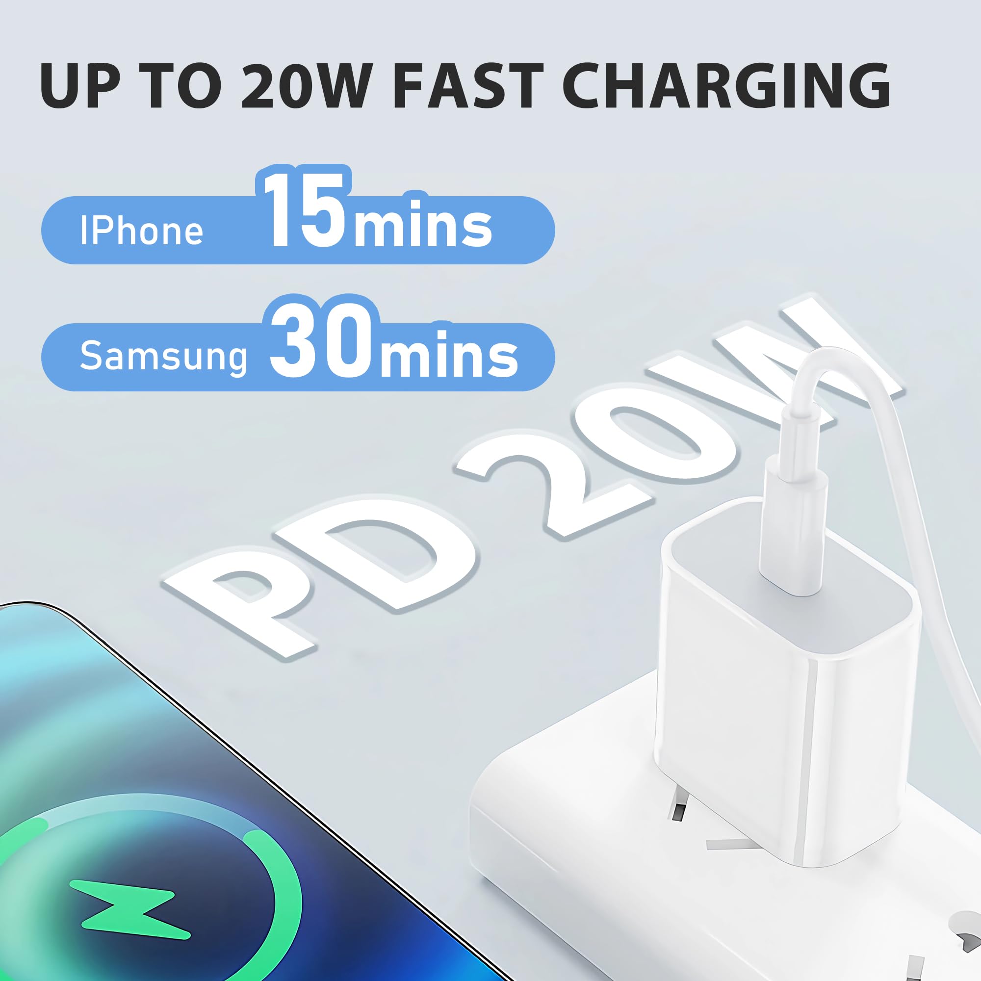 3-Pack 20w PD USB C Fast Wall Charger for iPhone Charger with 3-Pack 6FT Extra Long Charging Cables Compatible with i Phone 11 12 13 14 Plus/Pro/Pro Max/Mini/X/Xs Max/XR/ipad