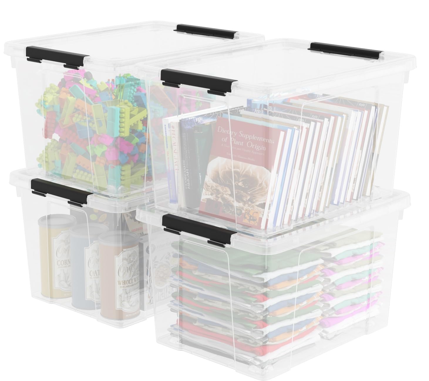 Taysisiter 40 Quart Clear Plastic Latching Bin, Plastic Latch Storage Box with Wheels, 4 Pack