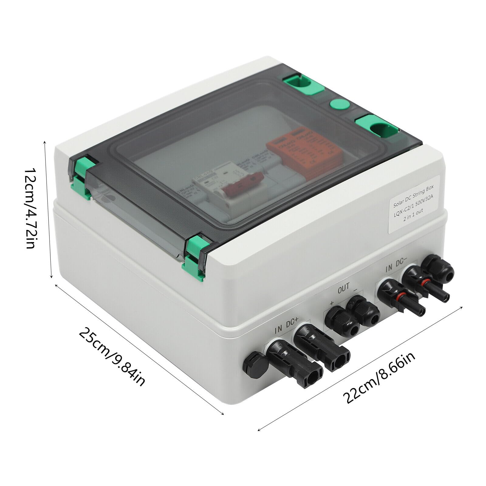 PV Combiner Box, 2 String Solar Combiner Box with 32A Current Fuse, Surge Protective Device Air Circuit Breaker for On/Off Grid Solar Panel System