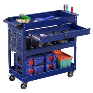 3 tier tool cart on wheels with lockable drawer, heavy duty rolling tool cart,large storage capability tool cart with drawers, suitable for garage, warehouse, and repair shop (blue)