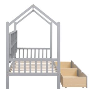 Pink House Beds with Trundle and Storage Shelves for Kids Montessori Bed Wood Playhouse Tent Bed Frame for Girls Boys, Twin Size