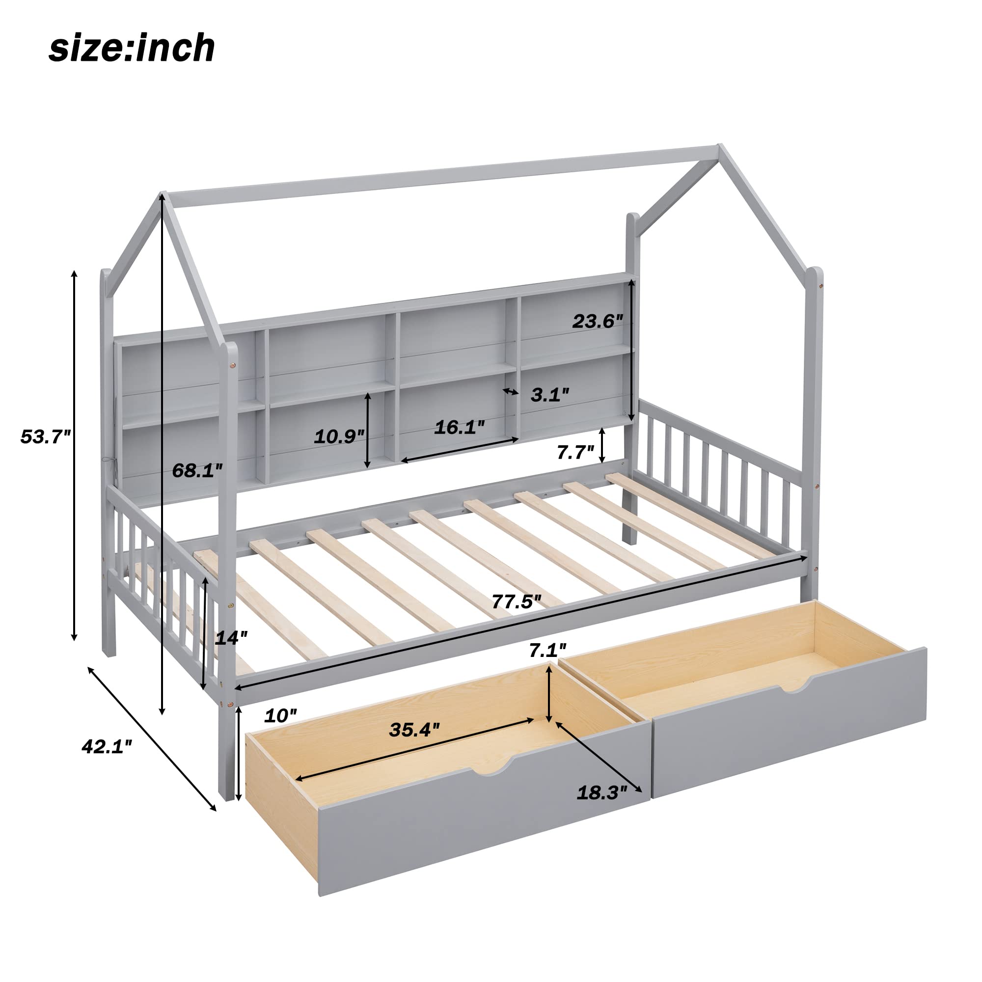 Pink House Beds with Trundle and Storage Shelves for Kids Montessori Bed Wood Playhouse Tent Bed Frame for Girls Boys, Twin Size