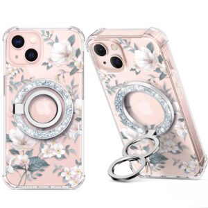 gviewin bundle - compatible with iphone 13 case (magnolia/white) + magnetic phone ring holder (glitter/silver)