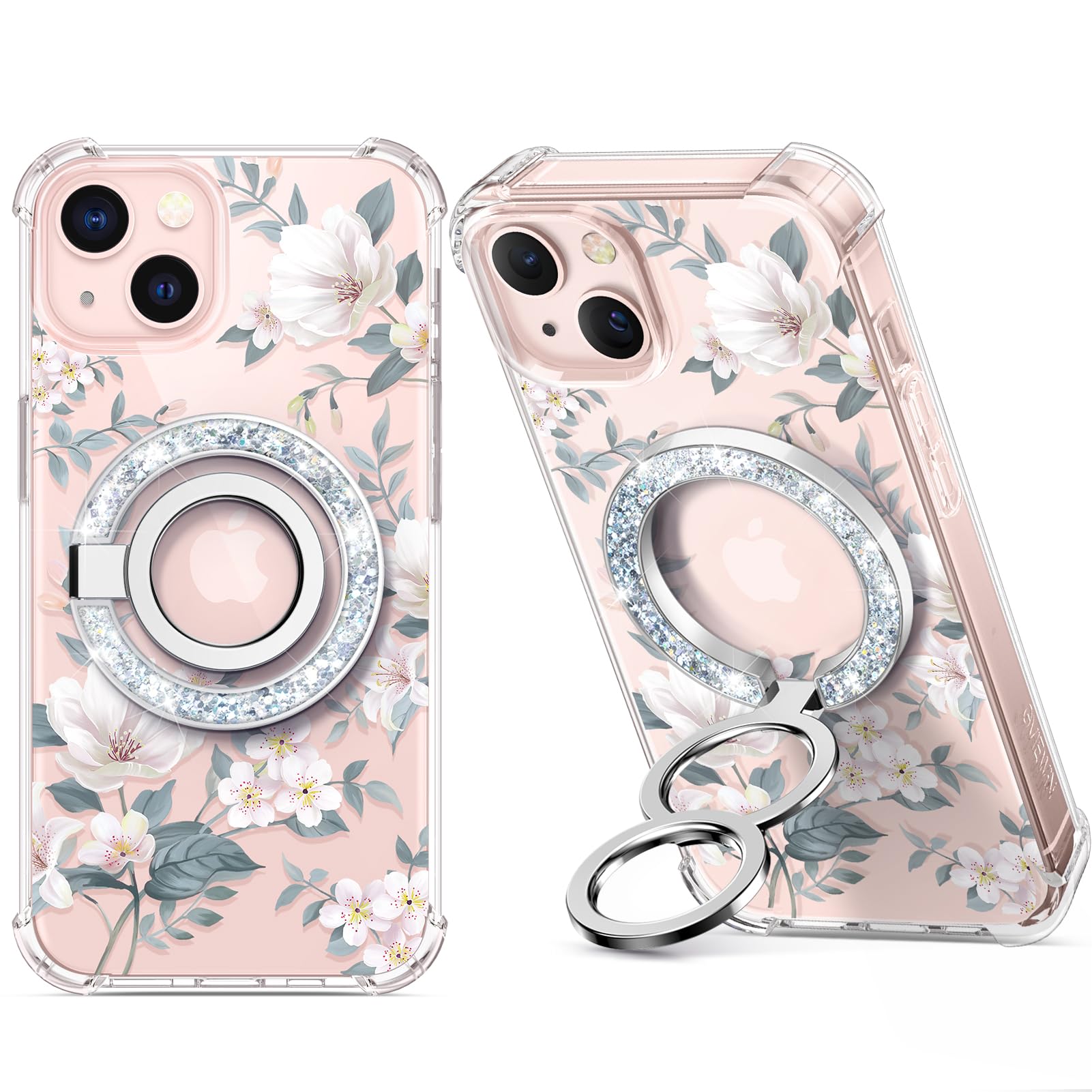 GVIEWIN Bundle - Compatible with iPhone 13 Case (Magnolia/White) + Magnetic Phone Ring Holder (Glitter/Silver)