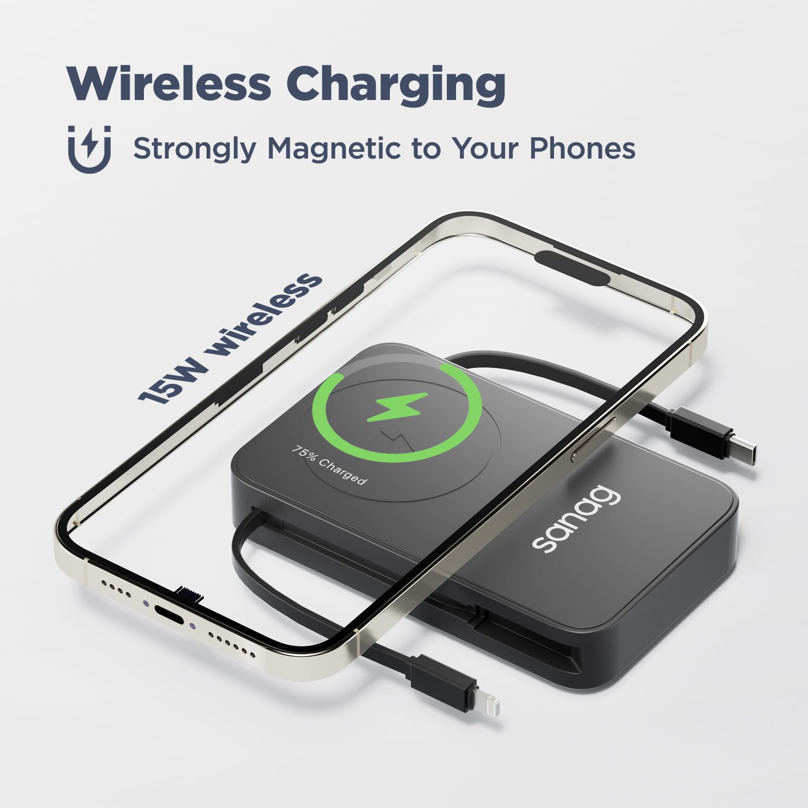 Sanag Wireless Portable Charger Power Bank 10000mAh with Built-in Cables, Magnetic Battery Pack with LED Display, AC Plug Input & 4 Output 22.5W PD Fast Charging Compatible with iPhone Android Phone