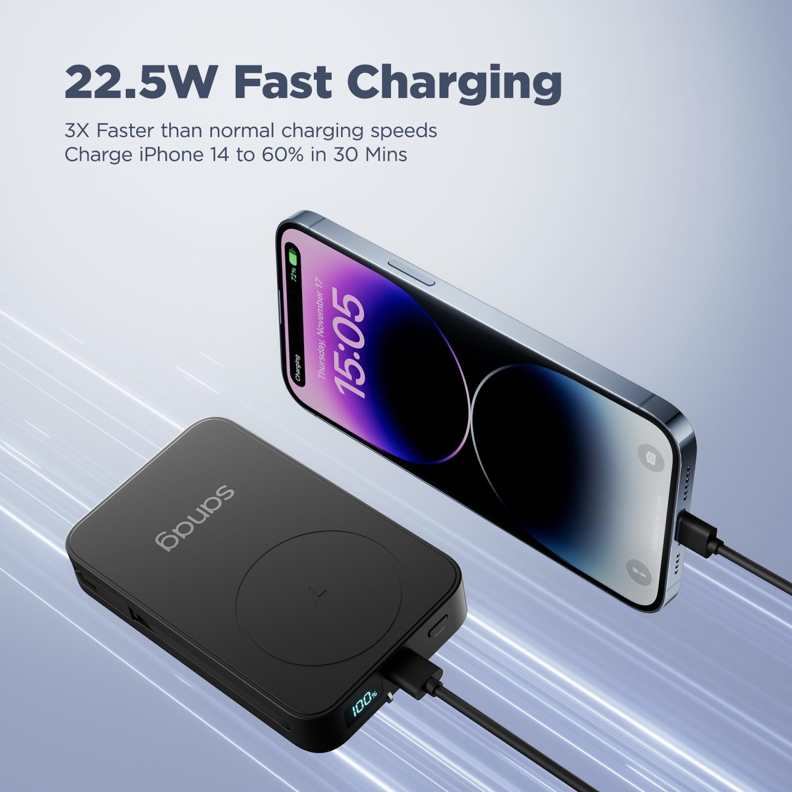 Sanag Wireless Portable Charger Power Bank 10000mAh with Built-in Cables, Magnetic Battery Pack with LED Display, AC Plug Input & 4 Output 22.5W PD Fast Charging Compatible with iPhone Android Phone