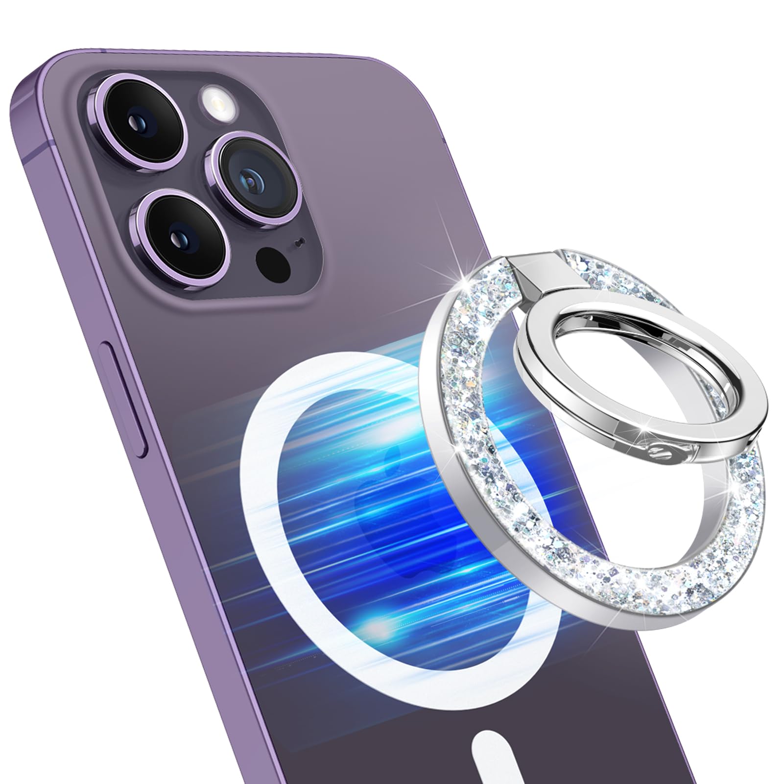 GVIEWIN Bundle - Compatible with iPhone 13 Pro Case (Hibicus) + Magnetic Phone Ring Holder (Glitter/Silver)