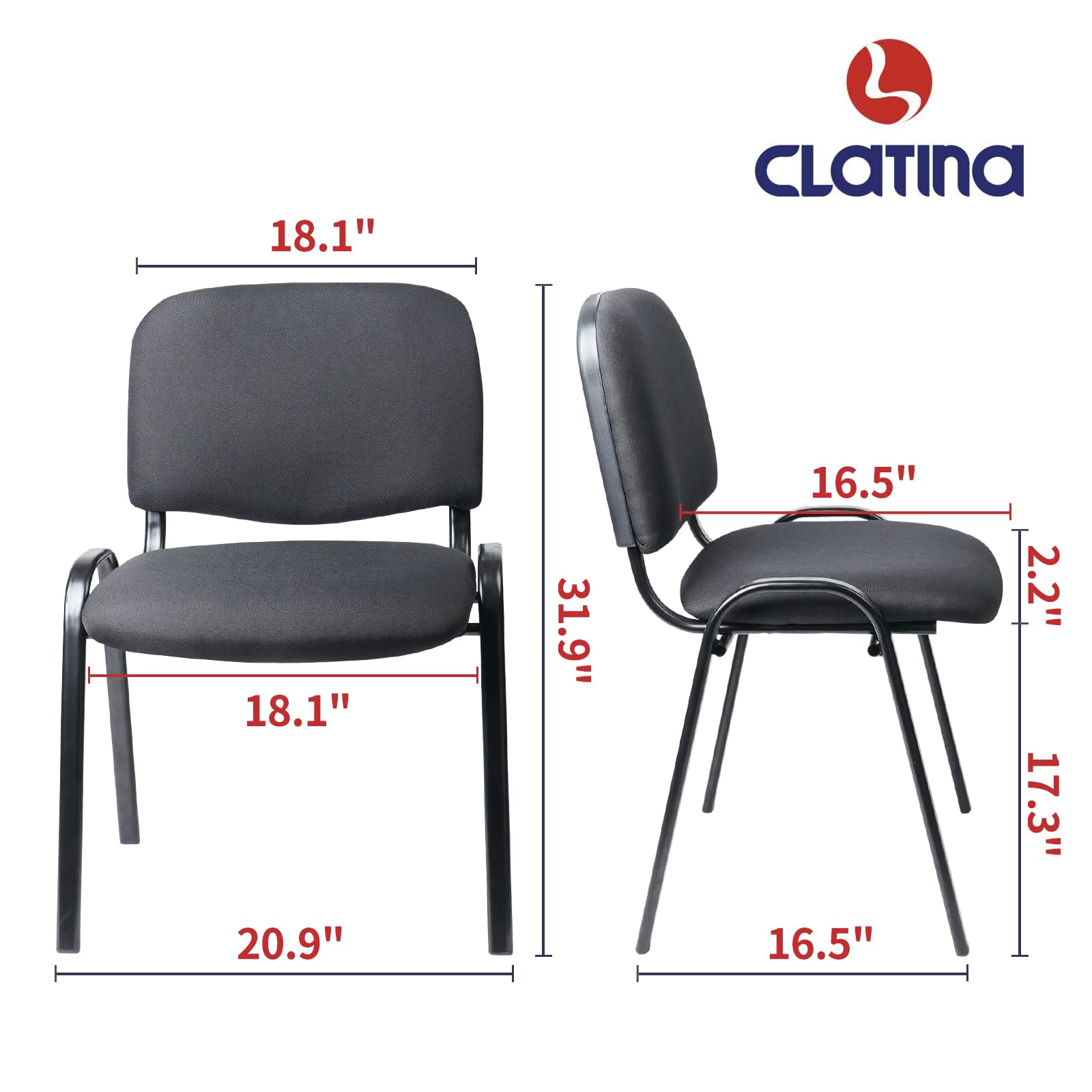 CLATINA Stackable Waiting Room Chairs Fabric Black Reception Chair Metal with Thickened Seat Back Cushion for Waiting Conference Room Guest Chairs(1 Pack)