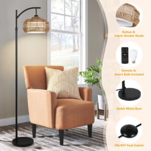 LAMSU Arc Floor Lamp with Remote Control, Boho Rattan Floor Lamps, Dimmable Farmhouse Standing Lamp with Bulb, Rattan Fabric Double Shades, Rustic Adjustable Tall Lamps for Living Room Bedroom Office