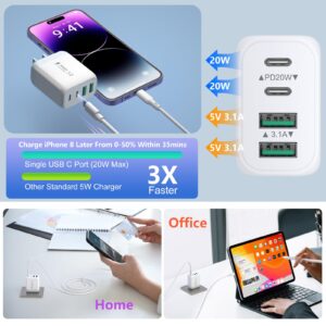 USB C Charger Block, 2-Pack 40W 4-Port USB C Wall Charger Fast Charging Dual PD+QC Power Adapter Multiport Type C Brick Charger for iPhone 15 14 13 12 11 Pro Max,iPad,Airpods,iwatch, Samsung-White