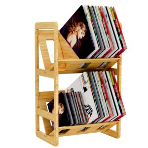 ackitry bamboo vinyl record storage, 180-200 lps storage record holder for albums, 2 tier record stand shelf with dividers, vinyl record display rack organizer for book, magazine, files