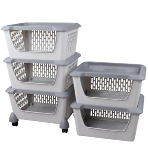 kiddream 5 tiers plastic stackable baskets with wheels, grey stacking organizer basket bins