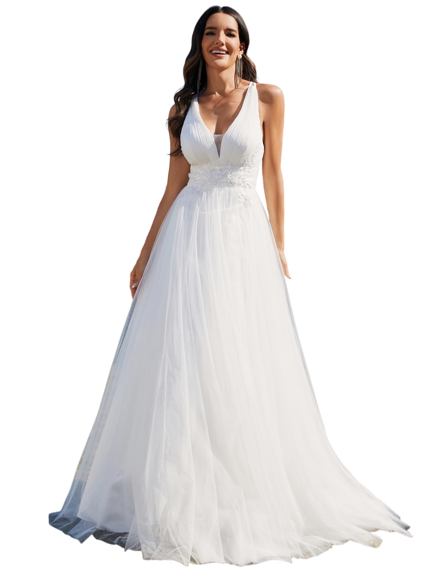 Ever-Pretty Women's Appliques Tulle A-Line V Neck Open Back Wedding Guest Dress White US16