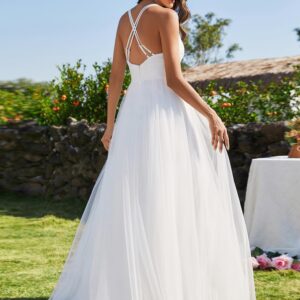 Ever-Pretty Women's Appliques Tulle A-Line V Neck Open Back Wedding Guest Dress White US16