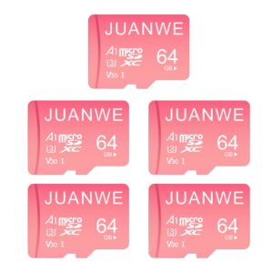 juanwe 5 pack 64gb micro sd card + adapter 64 gb sd card memory card microsdxc v30 4k video recording u3 a1 64gb tf cards for phone, dash cam, security camera (5 pack, pink)