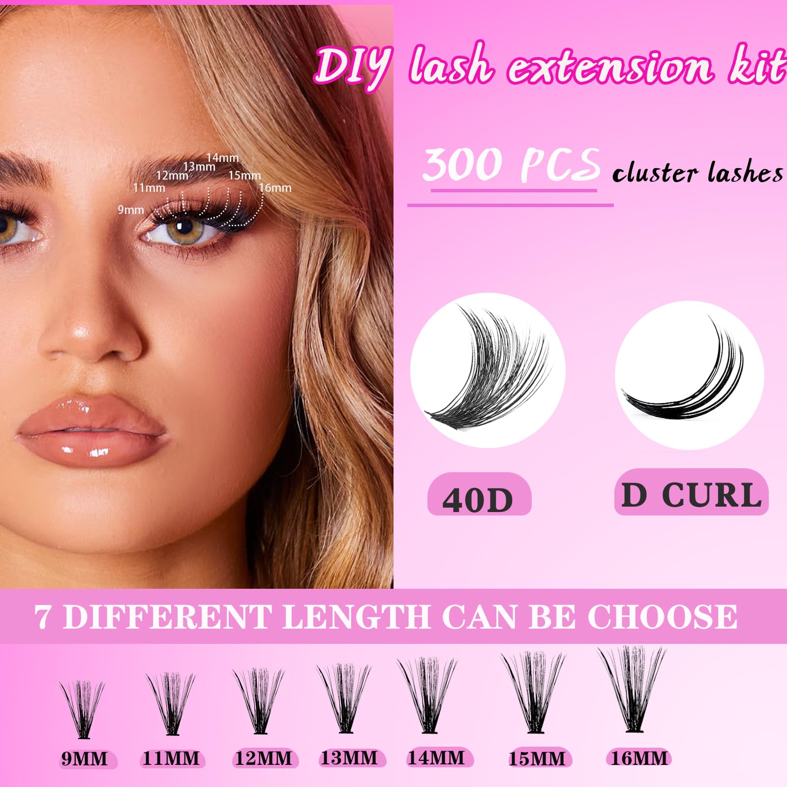 DIY Lash Extension Individual Full Volume Lashes 300Pcs Wispy Curly Clusters Lashes 40D 9mm-16mm D Curl Natural False Lashes Extensions DIY at Home ，by Zovimi (40D Lash Clusters)