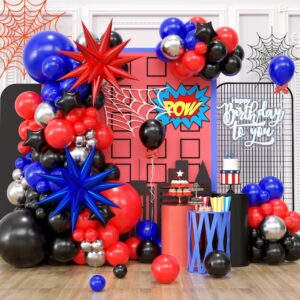 blue red black balloons garland arch kit, spider balloons arch kit with metallic silver balloon star mylar balloons for boys kid spider theme birthday baby shower man superhero party decortions